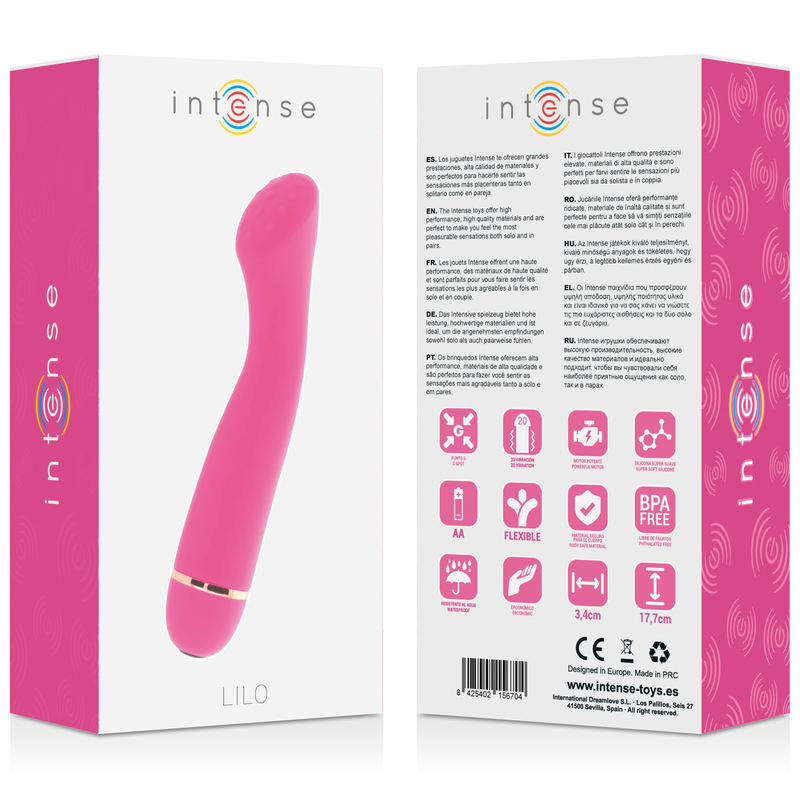 Close-up do Vibrador Lilo Intense Ponto G 20 Velocidades Silicone Rosa, destacando seu design ergonômico.