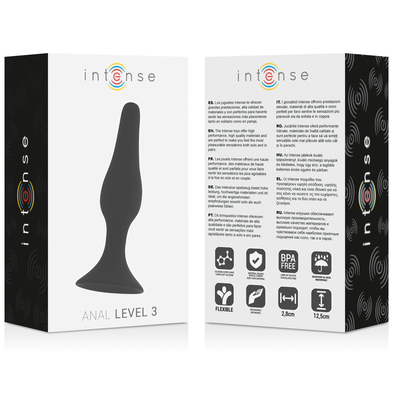 Close-up do INTENSE Plug Anal Nível 3 Silicone 12,5cm Preto mostrando sua forma cónica e material macio.