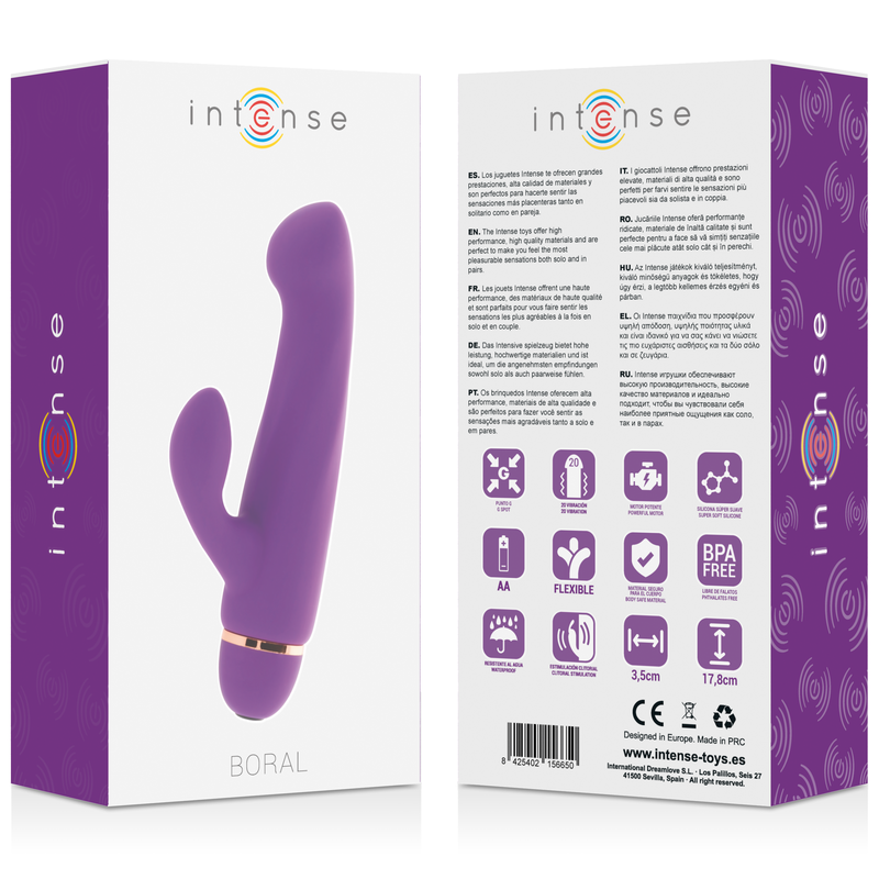 Close-up do Intense Vibrador Boral Lilás, destacando o design ergonómico de silicone e a ponta curvada para estimulação.