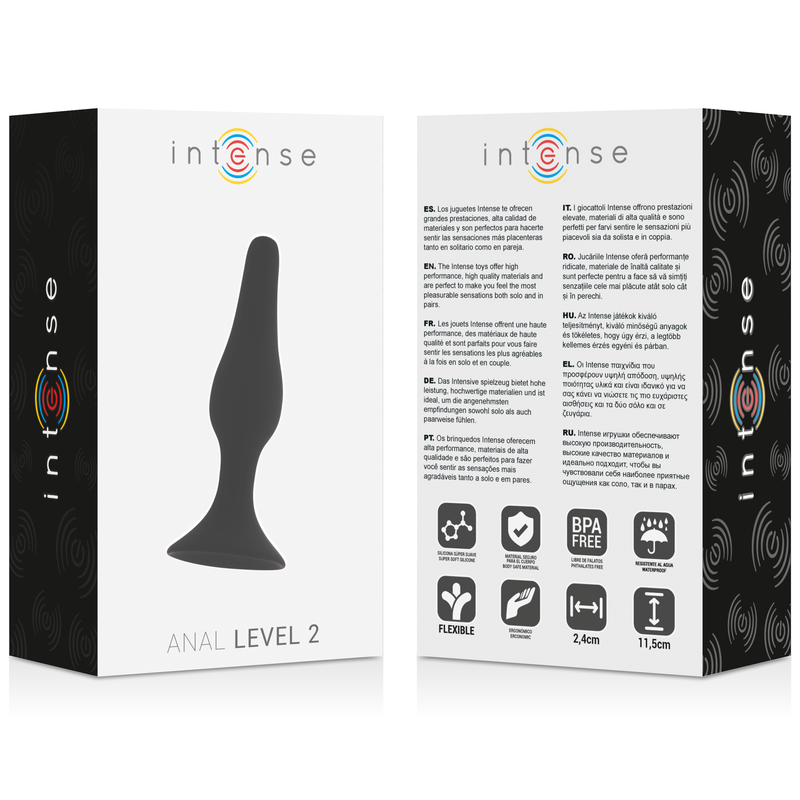 Close-up do INTENSE Plug Anal Nível 2 em silicone médico preto, destacando seu design cónico e material suave.