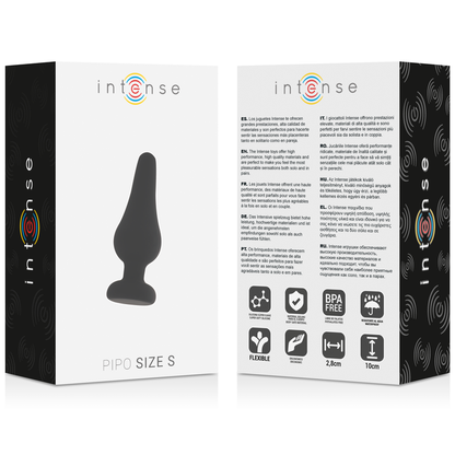 Close-up do Plug Anal Pipo S da INTENSE, em silicone preto, mostrando seu design cônico e superfície lisa.