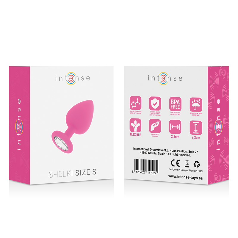 Plug anal Intense Shelki S fúcsia em silicone médico, com base em diamante, visto de perto.