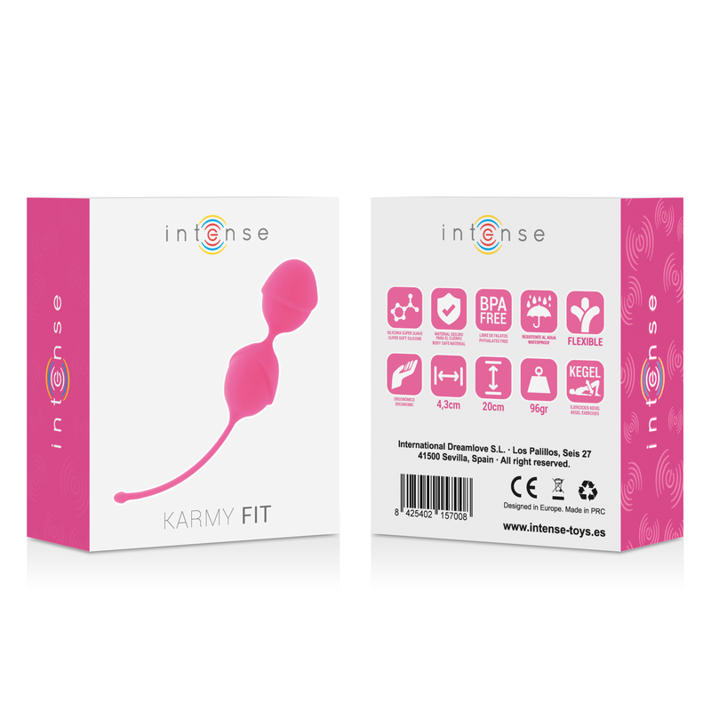 Close-up das Bolas Kegel Karmy Fit Silicone Fúcsia da Intense, mostrando sua forma ergonómica e cor vibrante.