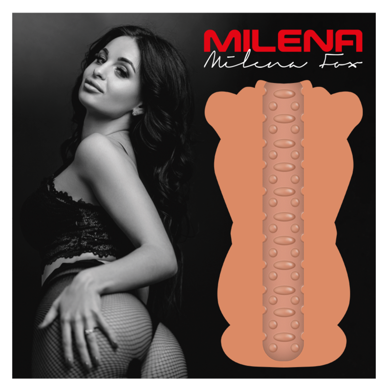 Masturbador masculino Jamyjob Signature Milena Vagina, mostrando o material e formato realista.