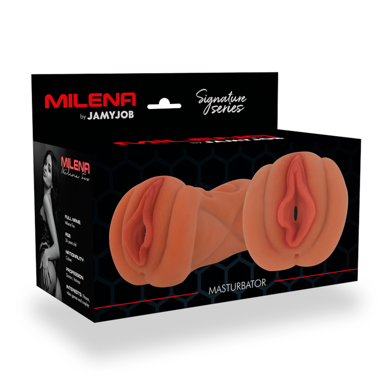 Masturbador masculino Jamyjob Signature Milena Vagina, mostrando o material e formato realista.