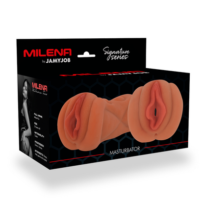 Masturbador masculino Jamyjob Signature Milena Vagina, mostrando o material e formato realista.