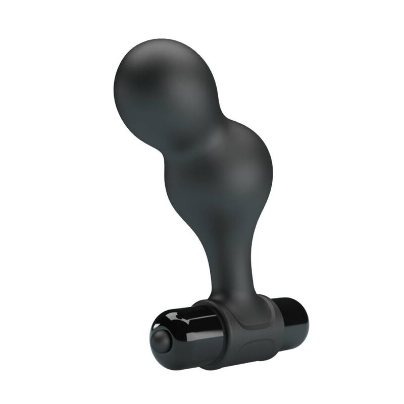Close-up do Plug Anal Vibrador MR PLAY de Silicone Preto, mostrando seu design ergonómico e base de segurança.