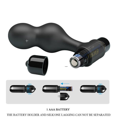 Close-up do Plug Anal Vibrador MR PLAY de Silicone Preto, mostrando seu design ergonómico e base de segurança.