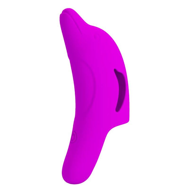 Close-up do Pretty Love Estimulador de Dedo Vibratório Delphini Roxo, destacando o design ergonómico e a ponta texturizada.