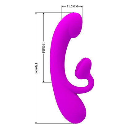 Vista detalhada do vibrador rabbit PRETTY LOVE Sincero de silicone roxo com sucção clitoriana.