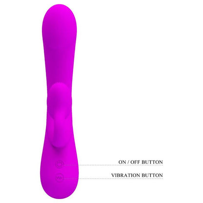 Vista detalhada do vibrador rabbit PRETTY LOVE Sincero de silicone roxo com sucção clitoriana.