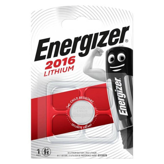 Bateria Botão de Lítio Energizer CR2016 3V 1 Unidade, mostrando o seu formato compacto e detalhes da marca.