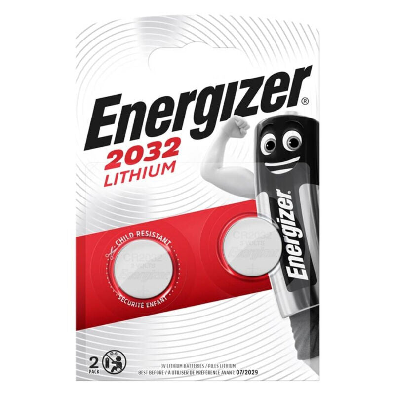 Close-up of the Energizer CR2032 3V Lithium Button Batteries (2 Units) showing packaging and details.
