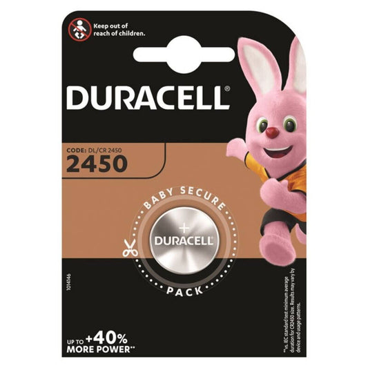 Bateria Duracell Botão Lítio CR2450 3V, mostrando detalhes da embalagem e do produto para eletrónicos.