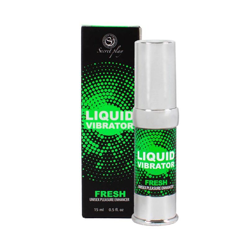 Close-up do SECRETPLAY Vibrador Líquido Fresh Efeito Frio e Vibratório 15 ML, mostrando a embalagem e o dispensador.