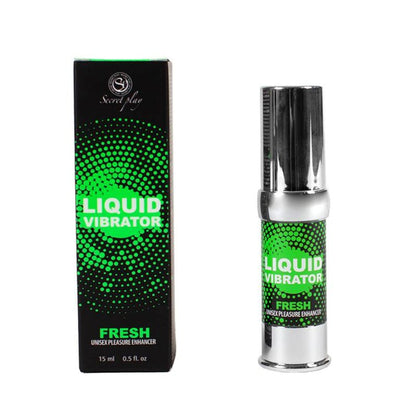 Close-up do SECRETPLAY Vibrador Líquido Fresh Efeito Frio e Vibratório 15 ML, mostrando a embalagem e o dispensador.