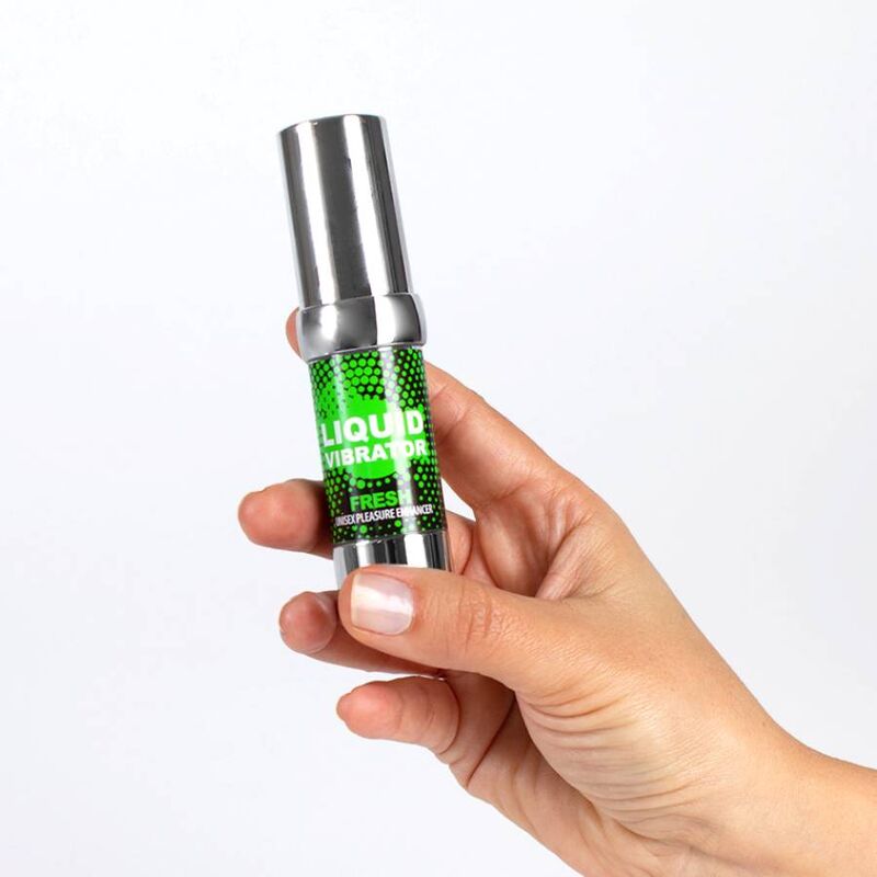 Close-up do SECRETPLAY Vibrador Líquido Fresh Efeito Frio e Vibratório 15 ML, mostrando a embalagem e o dispensador.