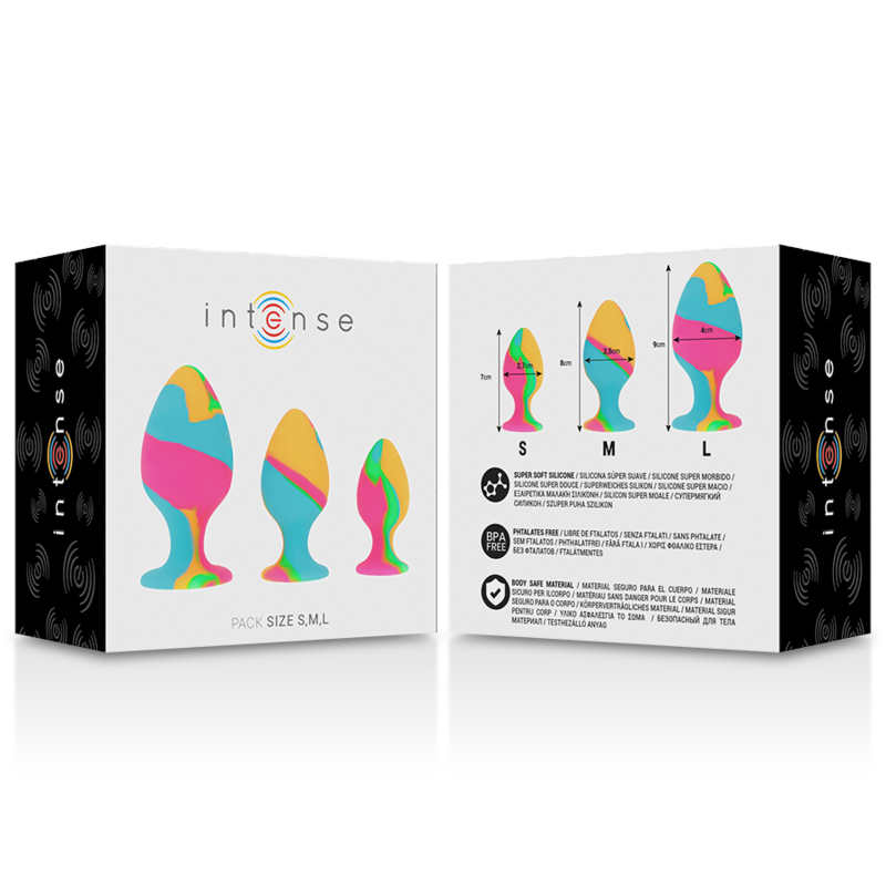 Close-up of the Intense Multicolor Silicone Anal Plug Set, showing its tie-dye design and varied sizes.
