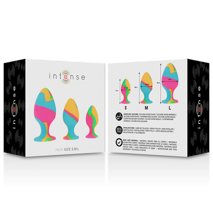 Close-up of the Intense Multicolor Silicone Anal Plug Set, showing its tie-dye design and varied sizes.