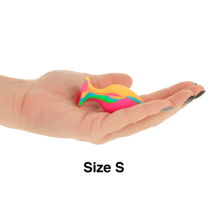 Close-up of the Intense Multicolor Silicone Anal Plug Set, showing its tie-dye design and varied sizes.