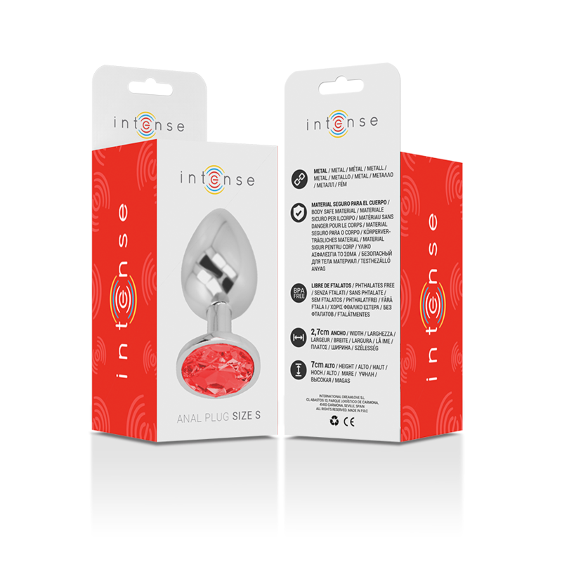 Close-up do Intense Plug Anal de Metal com Cristal Vermelho S, destacando seu brilho e design elegante.