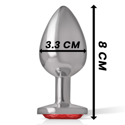 Close-up do Plug Anal Intense™ de Metal com Cristal Vermelho Tamanho M, destacando o design luxuoso e o material de alta qualidade.