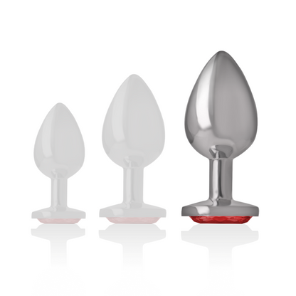 Close-up do Plug Anal Intense de Metal com Cristal Vermelho Tamanho L, mostrando o design elegante e o detalhe do cristal.