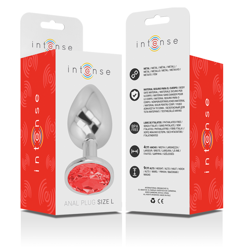 Close-up do Plug Anal Intense de Metal com Cristal Vermelho Tamanho L, mostrando o design elegante e o detalhe do cristal.