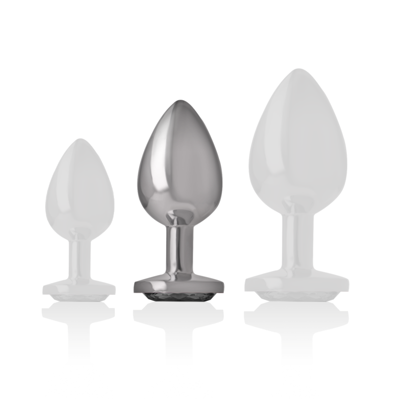 Close-up do Plug Anal Intense de Metal com Joia de Vidro Preto M, mostrando seu design luxuoso e material.
