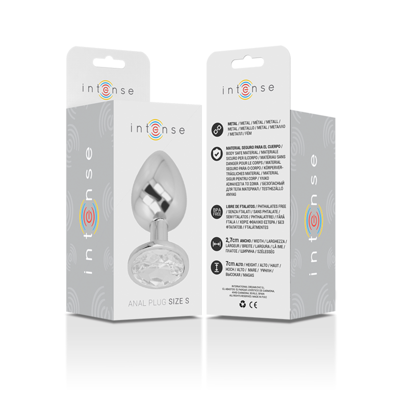 Close-up do Plug Anal de Metal Intense com Cristal Prata Tamanho S, destacando o design elegante e a joia.