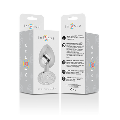 Close-up do Plug Anal de Metal Intense com Cristal Prata Tamanho S, destacando o design elegante e a joia.