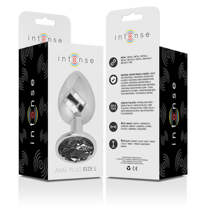 Close-up do Plug Anal Intense de Metal com Joia Diamante Vidro Preto Tamanho L, destacando seu design luxuoso.