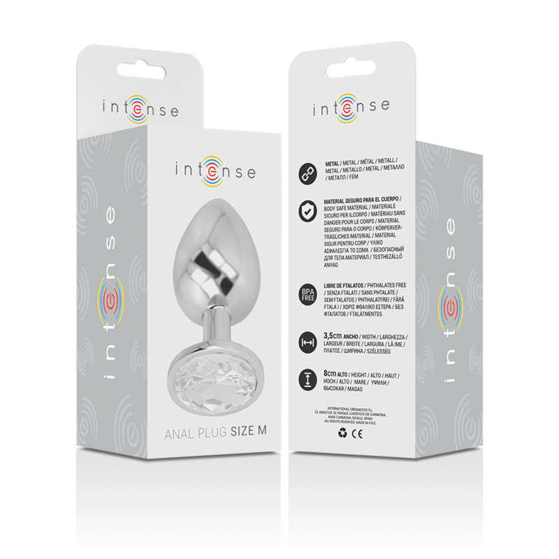 Plug anal Intense de metal com cristal prata, design elegante e superfície lisa para estimulação anal.