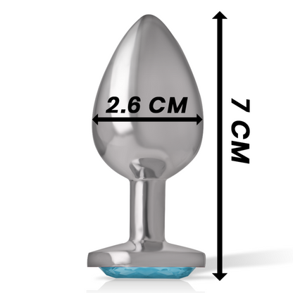 Close-up do Plug Anal INTENSE de Metal com Cristal Azul, tamanho S, mostrando seu design e brilho.