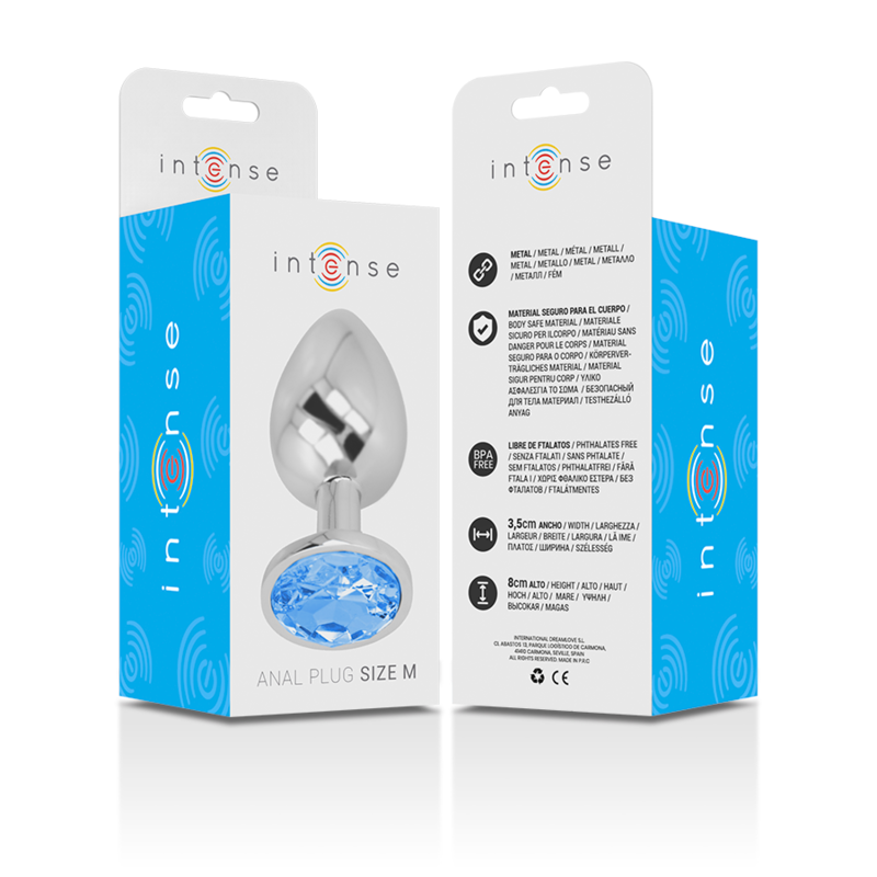 Plug anal Intense de metal com joia azul, tamanho M, exibindo seu design elegante e material brilhante.