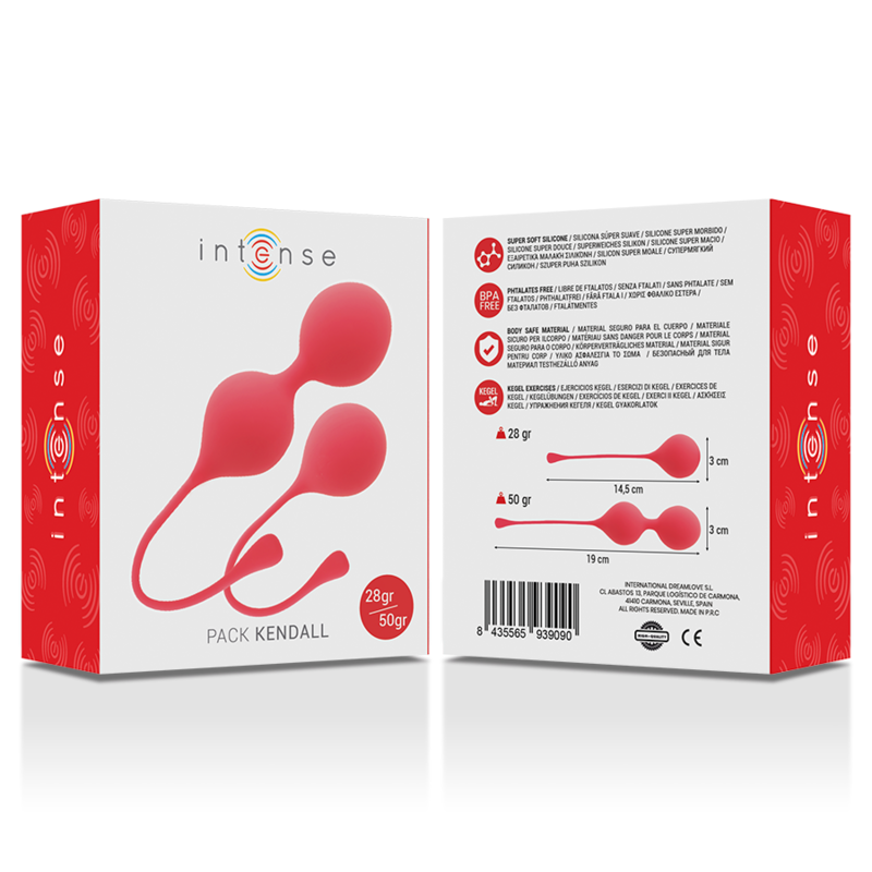 Close-up das Bolas Kegel Intense Pack Kendall em silicone vermelho, mostrando o design ergonómico para treino do pavimento pélvico.