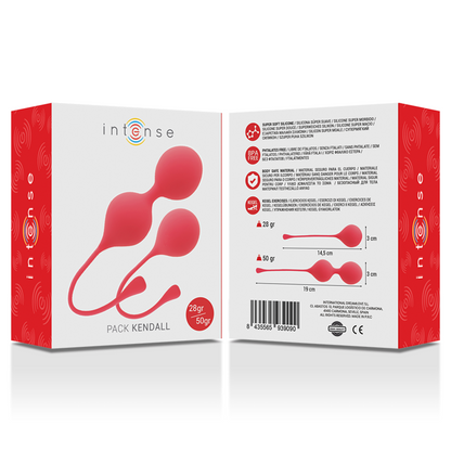 Close-up das Bolas Kegel Intense Pack Kendall em silicone vermelho, mostrando o design ergonómico para treino do pavimento pélvico.