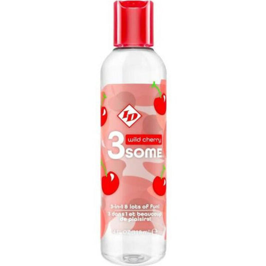Close-up of the ID 3SOME Gel Aquecedor Comestível Sabor Cereja Selvagem 4 FL OZ bottle, highlighting its packaging and vibrant flavor.