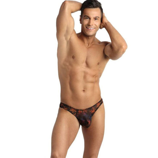 Tanga Masculina ANAIS MEN Chill String S em tule preto com estampa colorida, vista de perto.