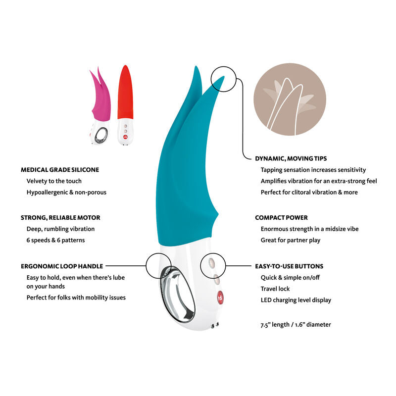 Close-up do vibrador clitoriano FUN FACTORY VOLTA G5 Gasolina, mostrando seu design ergonômico e pontas dinâmicas para estimulação.