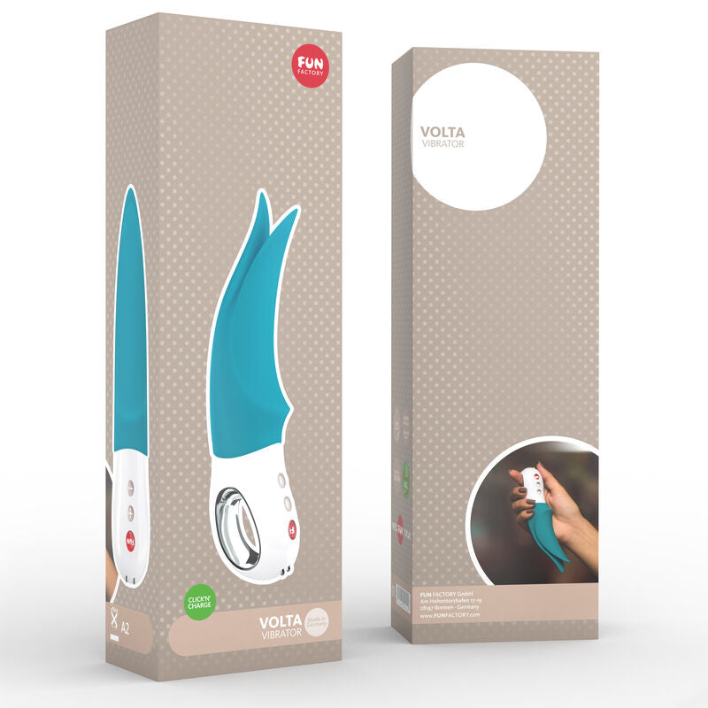 Close-up do vibrador clitoriano FUN FACTORY VOLTA G5 Gasolina, mostrando seu design ergonômico e pontas dinâmicas para estimulação.