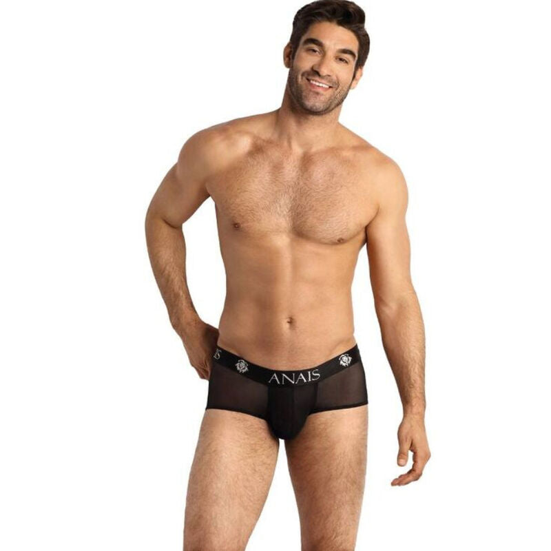 Detalhe da cueca ANAIS Men Eros Brief em tule preto com corte esportivo.