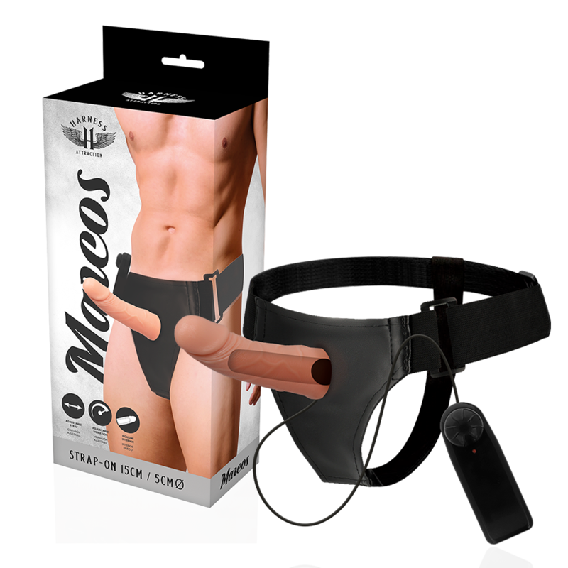 HARNESS ATTRACTION Arnês Oco com Vibrador - 15 cm, mostrando o design ergonómico e o vibrador integrado.