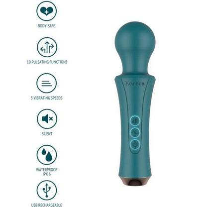 XOCOON Varinha Pessoal Vibratória Recarregável Verde, detalhe da cabeça flexível e corpo ergonómico.