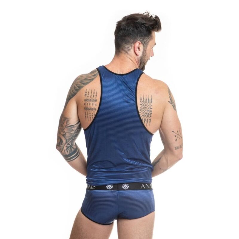 ANAIS MEN Top Naval de Tule e Cetim Listrado L, mostrando o design sem mangas e as listras em azul marinho e preto.
