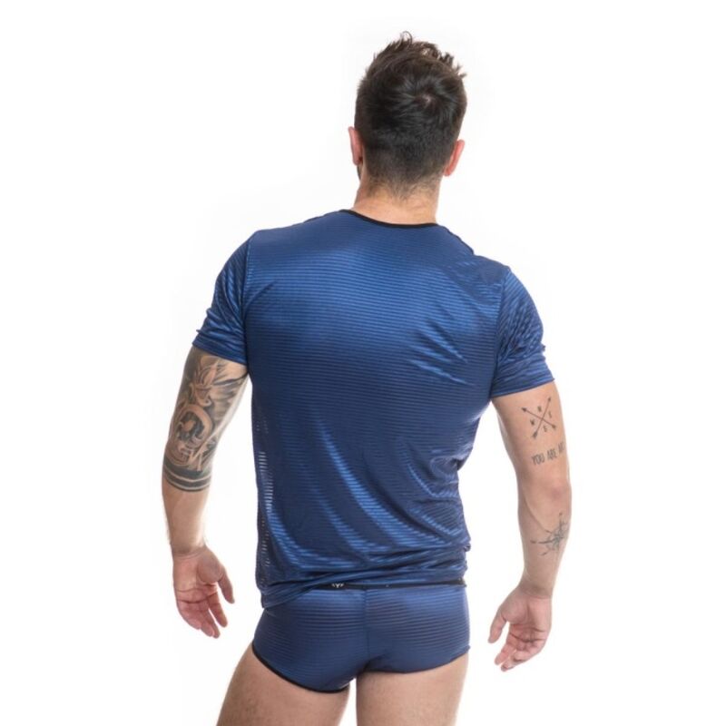 ANAIS MEN Naval T-Shirt com tule preto e listras de cetim, detalhe do tecido e ajuste ao corpo.