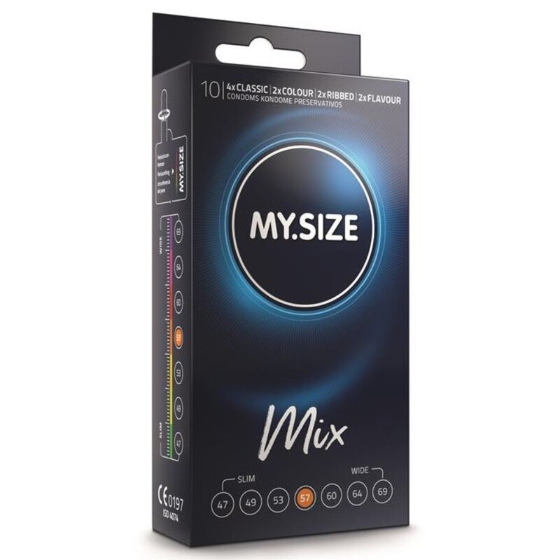 MY SIZE Mix Preservativos 57 MM, embalagem com 10 unidades variadas para sexo seguro e conforto.