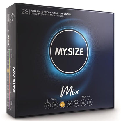 Close-up of the MY SIZE Preservativos Mix 53mm 28 Unidades Variadas showcasing packaging and types.