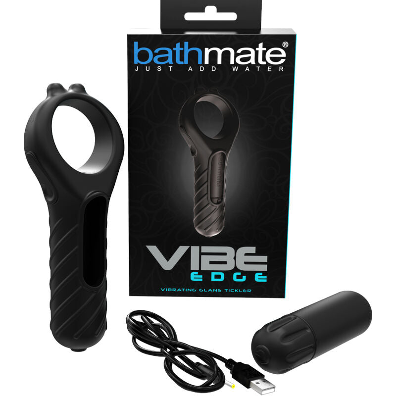 Close-up do BATHMATE Vibe Edge, anel vibrador peniano de silicone macio com 10 padrões de vibração.