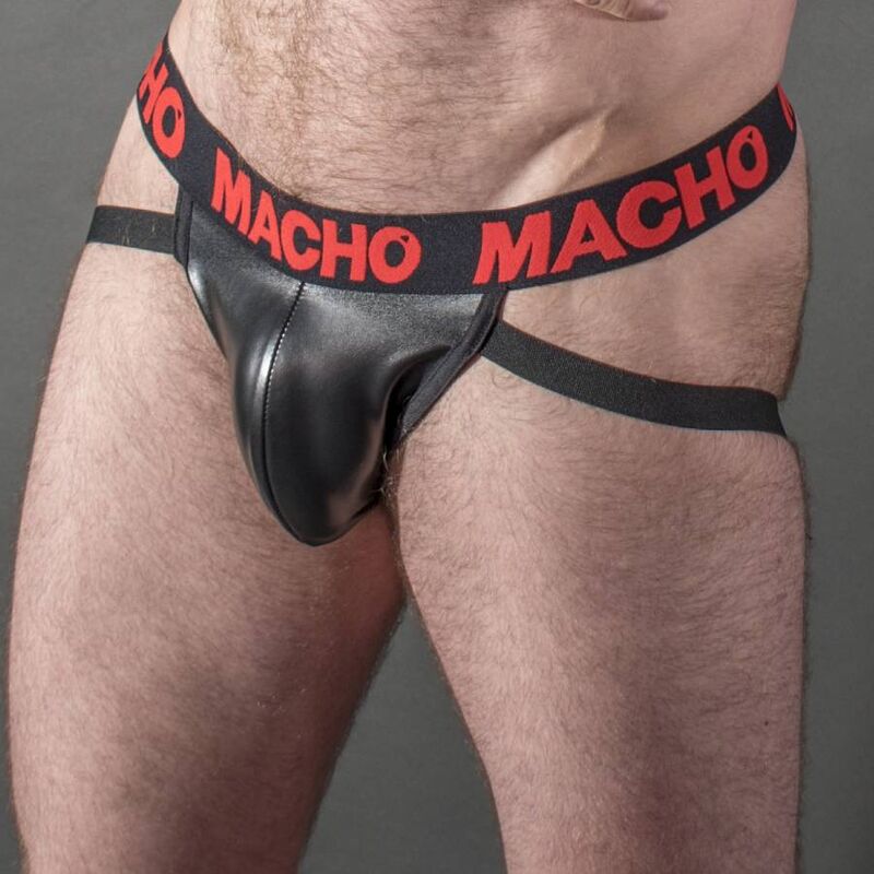 MACHO Jock Couro Vermelho MX25RC S em detalhe, exibindo o design sensual e material elástico.